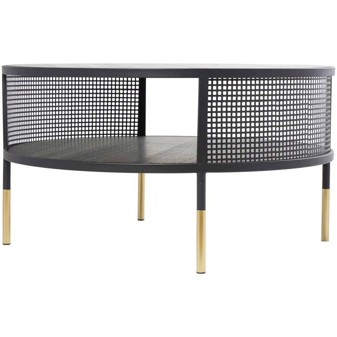 Black Metal Open Grid Frame 1 Shelf Coffee Table with Gold Legs Modern