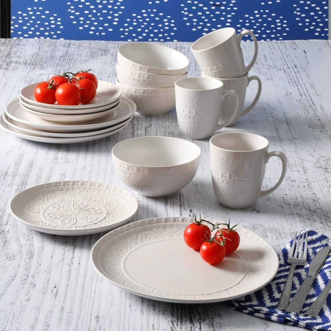 16 Pc Stoneware Dinnerware Set In Cream Cream Vines Leaves Casual Round Piece - Diamond Home USA