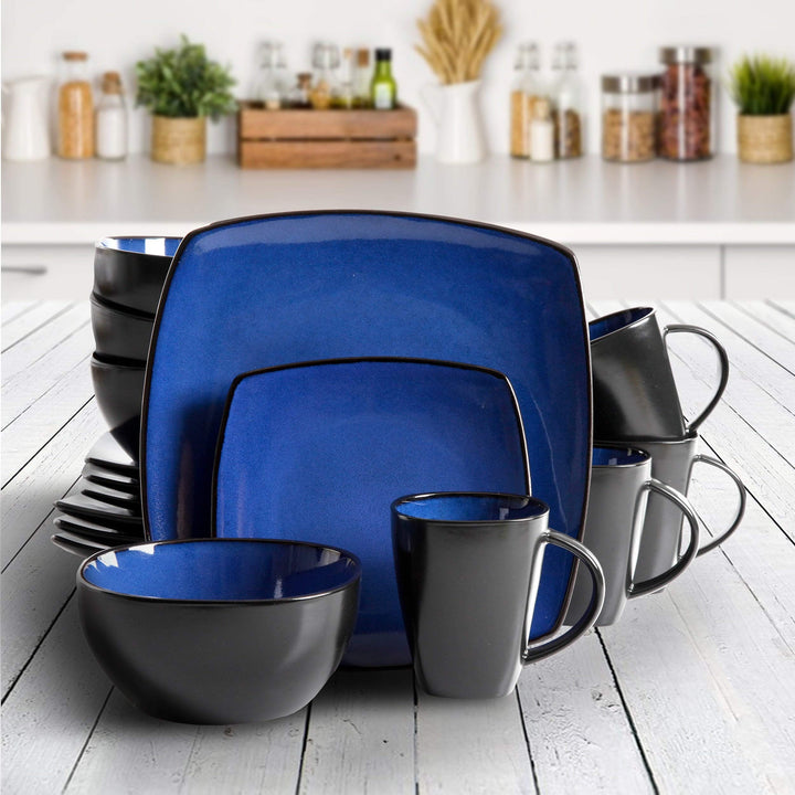 Home Modern Dinnerware Set Blue Solid Casual Round Stoneware 16 Piece