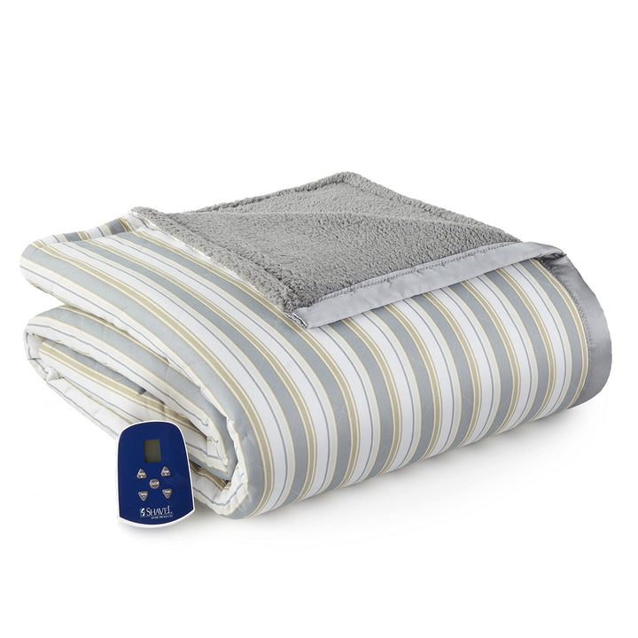 Thermee Micro Flannel Twin-Size Heated Electric Blanket with Sherpa Machine Wash Twin - Metro Stripe