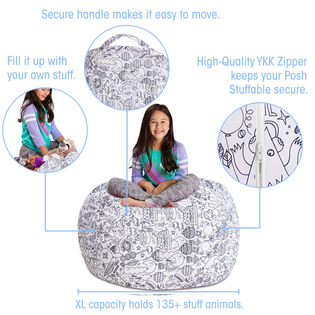 Posh Creations Stuffable Kids Stuffed Animal Storage Bean Bag Chair Cover