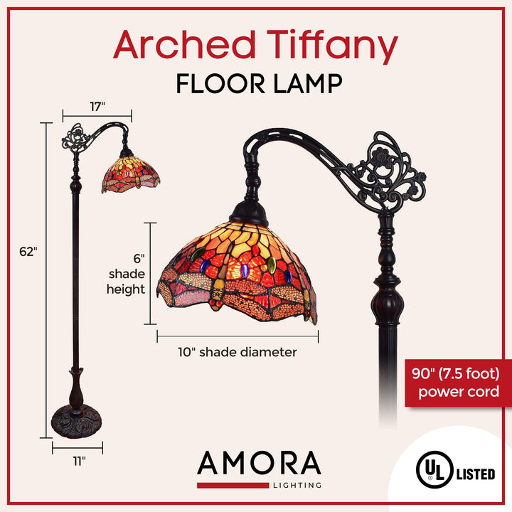 Amora Tiffany Style Floor Lamp Arched Adjustable 62" Tall Stained Glass Red - Diamond Home USA