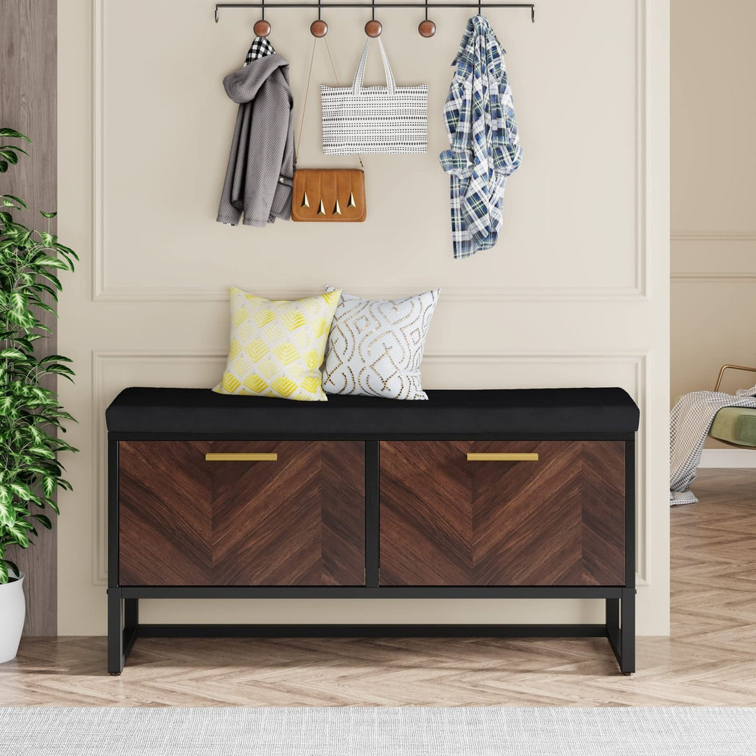 Shoe Storage Bench with Cushion Entryway 2 Flip Drawers Black Brown Solid