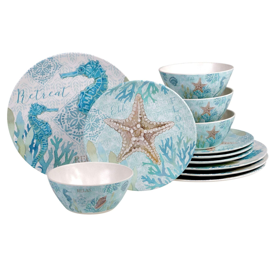 Beachcomber 12-Piece Dinnerware Set (Service for 4) Blue Multi Color White