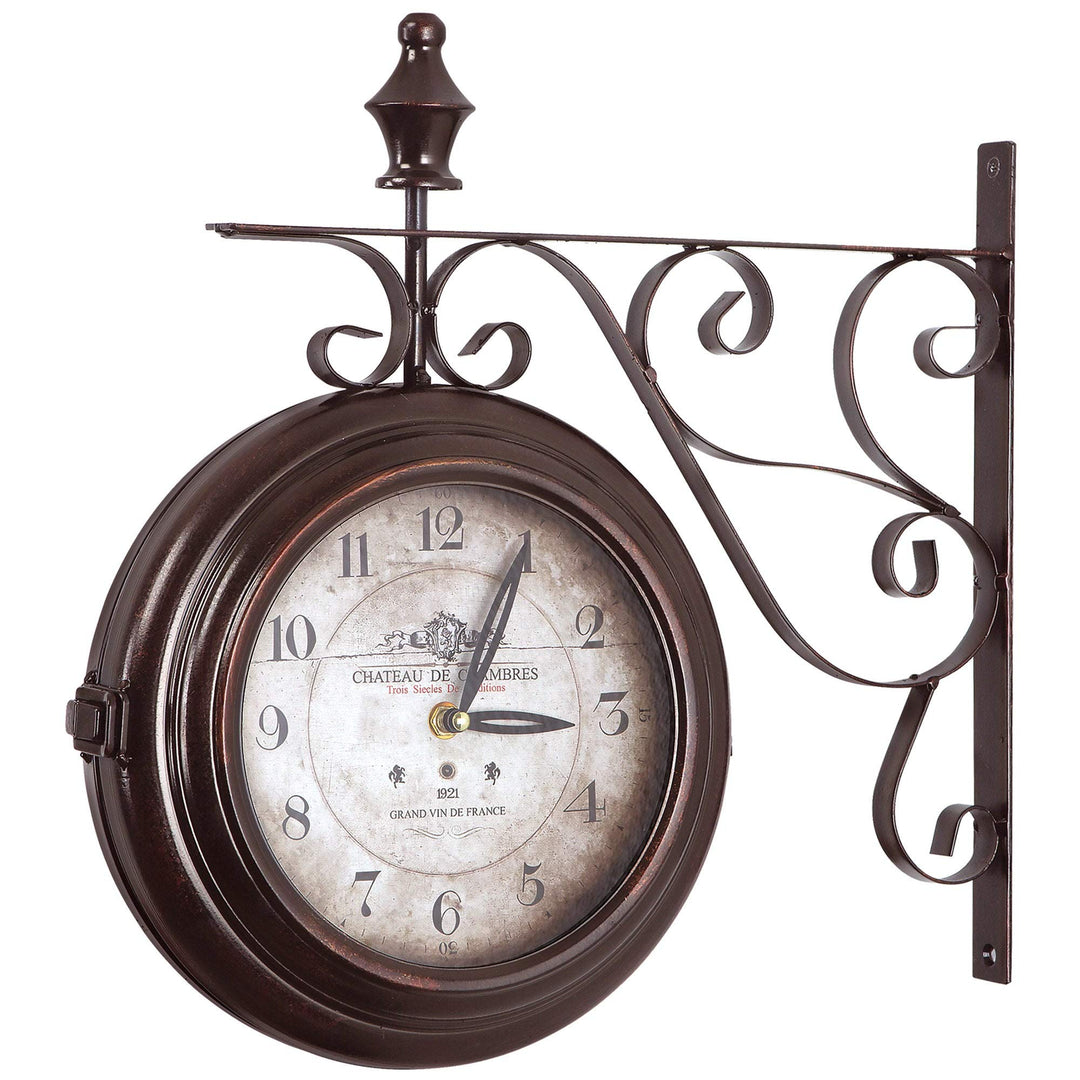 Double Sided Iron Wall Clock Black White Traditional Round Metal Wood Walnut