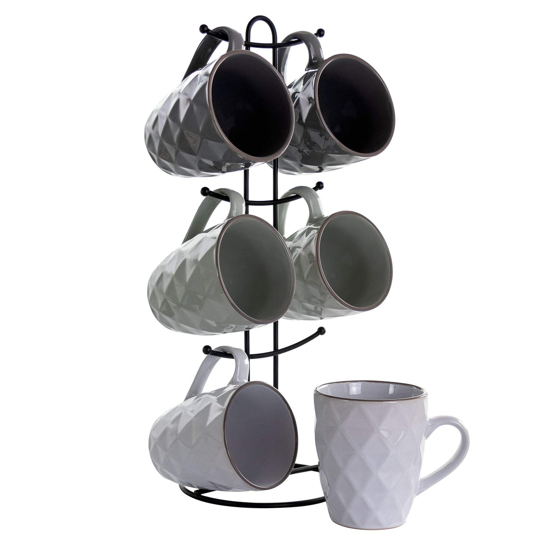 Diamond Waves 6-piece 12 Oz. Mug Set With Stand Assorted Colors Grey Solid