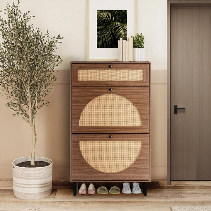 Rattan Shoe Cabinet Freestanding Rack Storage with Flip Drawers MDF Includes