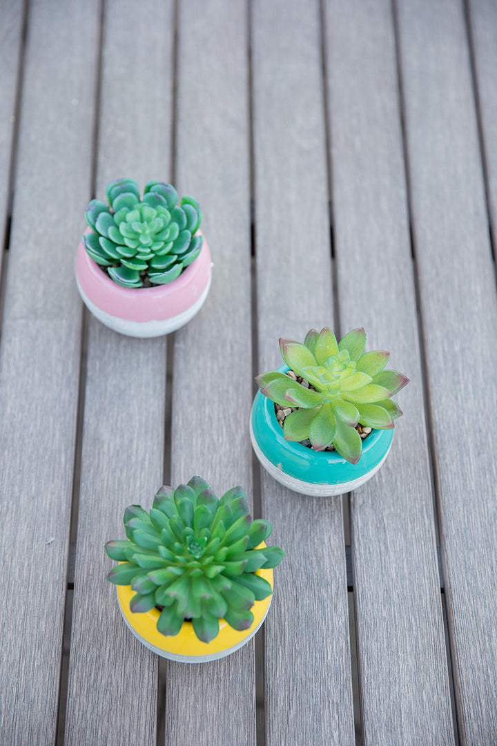 Flora Bunda Artificial Succulent in Two Tone Lines Pattern Ceramic Pot Yellow 4"