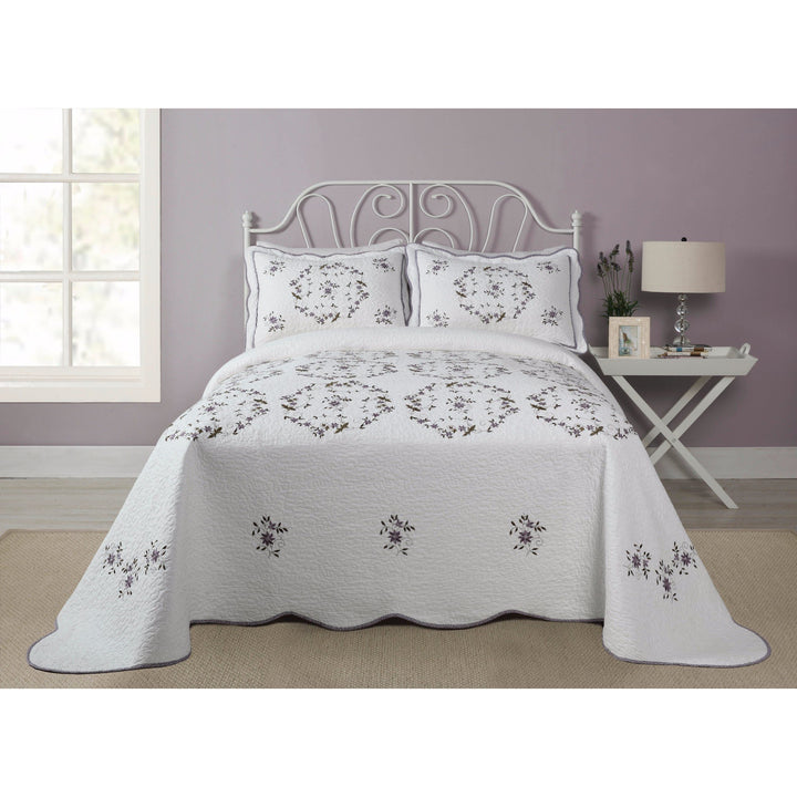 1 Piece 120 x 118 Green Off White Country Floral Oversized Bedspread King Purple - Diamond Home USA