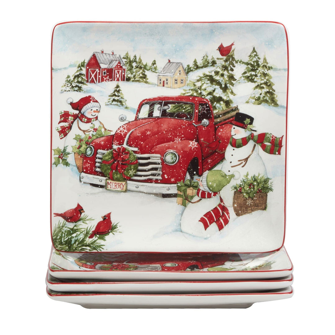 Red Truck Snowman 10.25" Dinner Plates Set Of 4 Multi Color White Holiday Casual