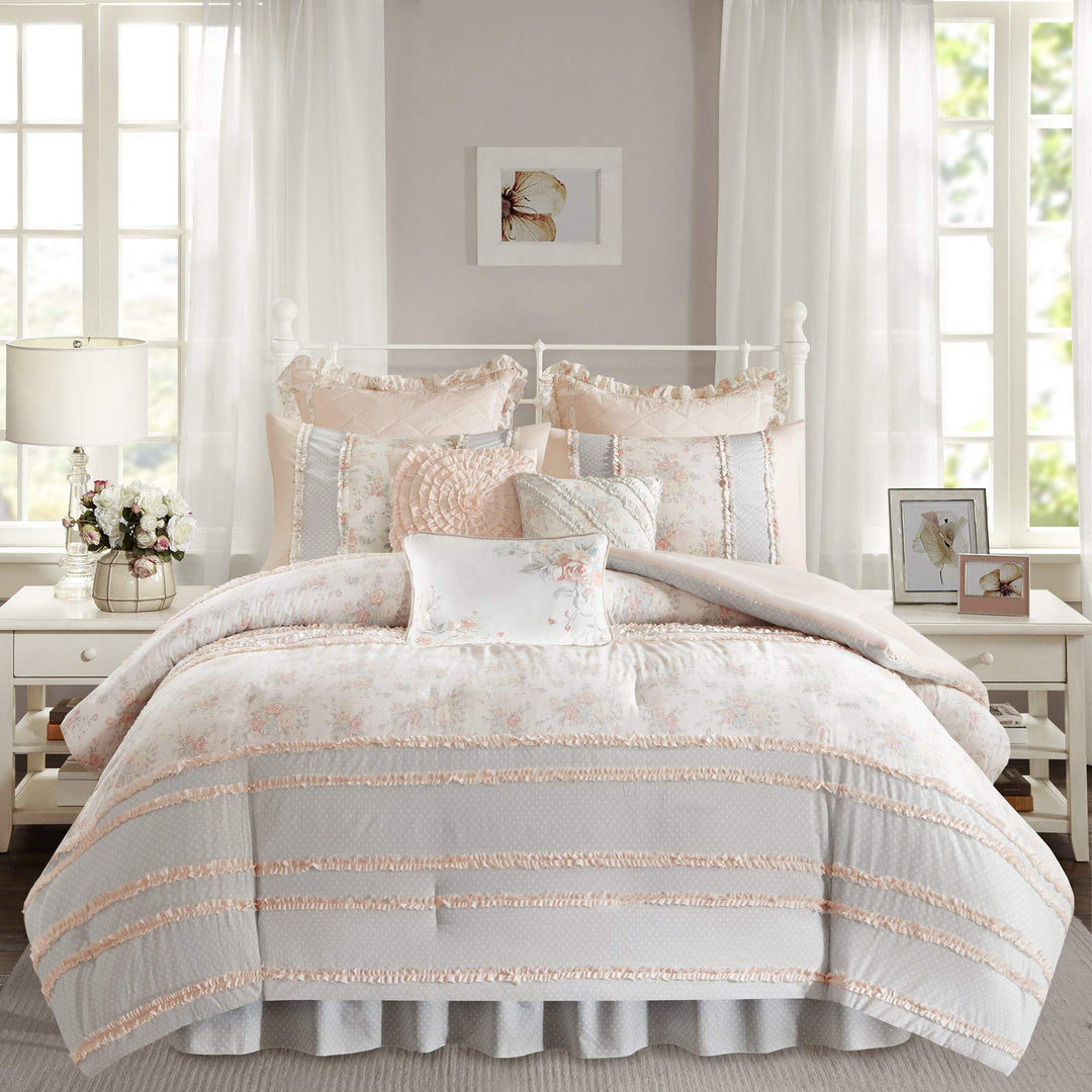 7 Piece White Grey Pink Boho Chic Comforter California King Set Floral Bedding