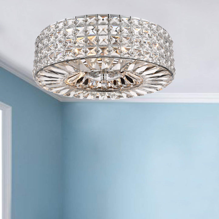 Chrome Finish 3-Light Crystal and Prism Round Flush Mount - Clear Modern