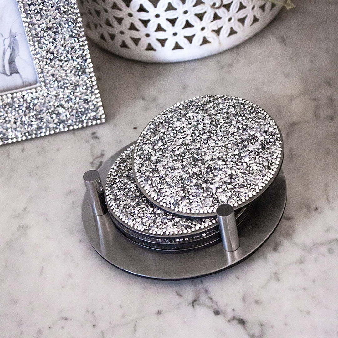 Sparkles Home Rhinestone Coaster Set Silver Stainless Steel