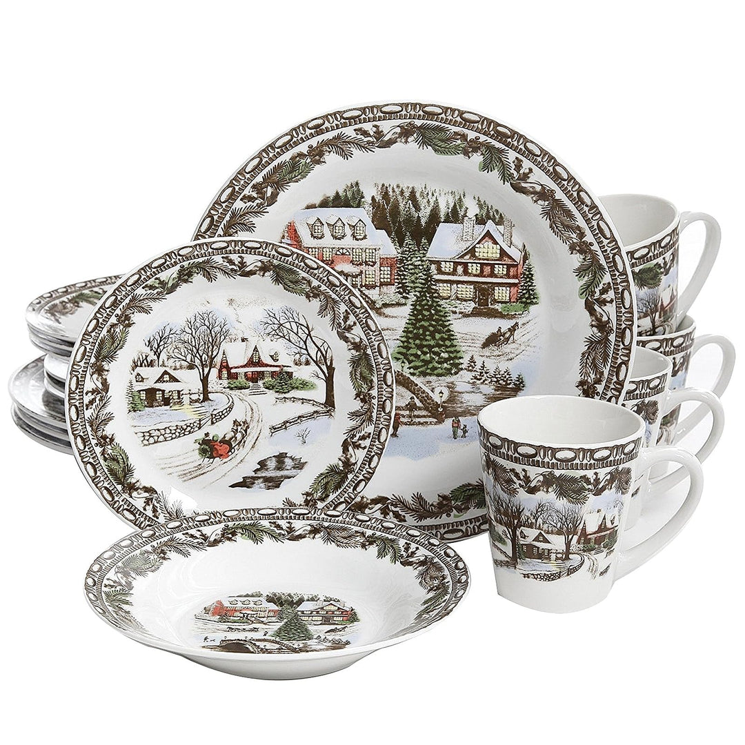 Christmas Time Winter Cabin Dinnerware Set 16 Pieces Multi Color Holiday