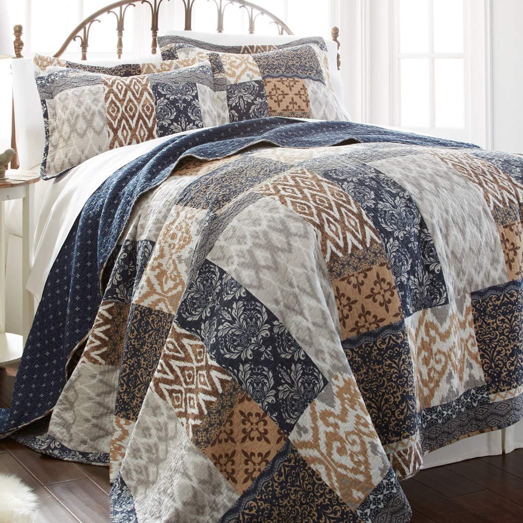 C&U 3 Piece Beautiful Brown Blue Tan White Full Queen Quilt Set Geometric Damask Full - Queen