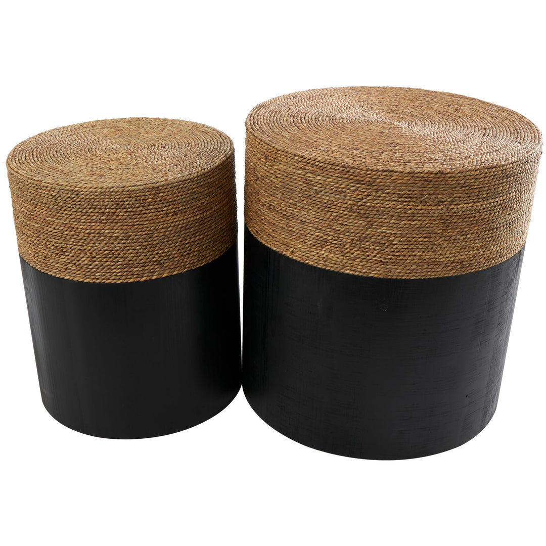 Black Wood Handmade Wrapped Accent Table with Dried Plant Tabletops (Set of 2)