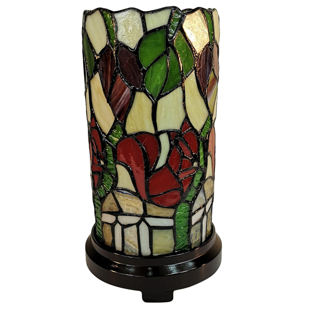 Tiffany Style Accent Lamp 10" Tall Stained Glass White Yellow Dragonfly Rose