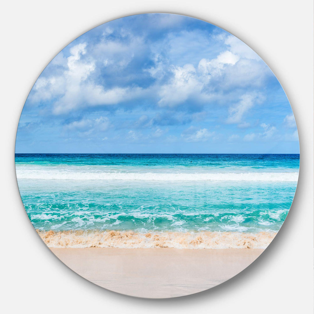 Designart Tranquil Beach Under White Clouds Modern Seascape Round Metal Wall 23 x 23 - disc of 23 inch