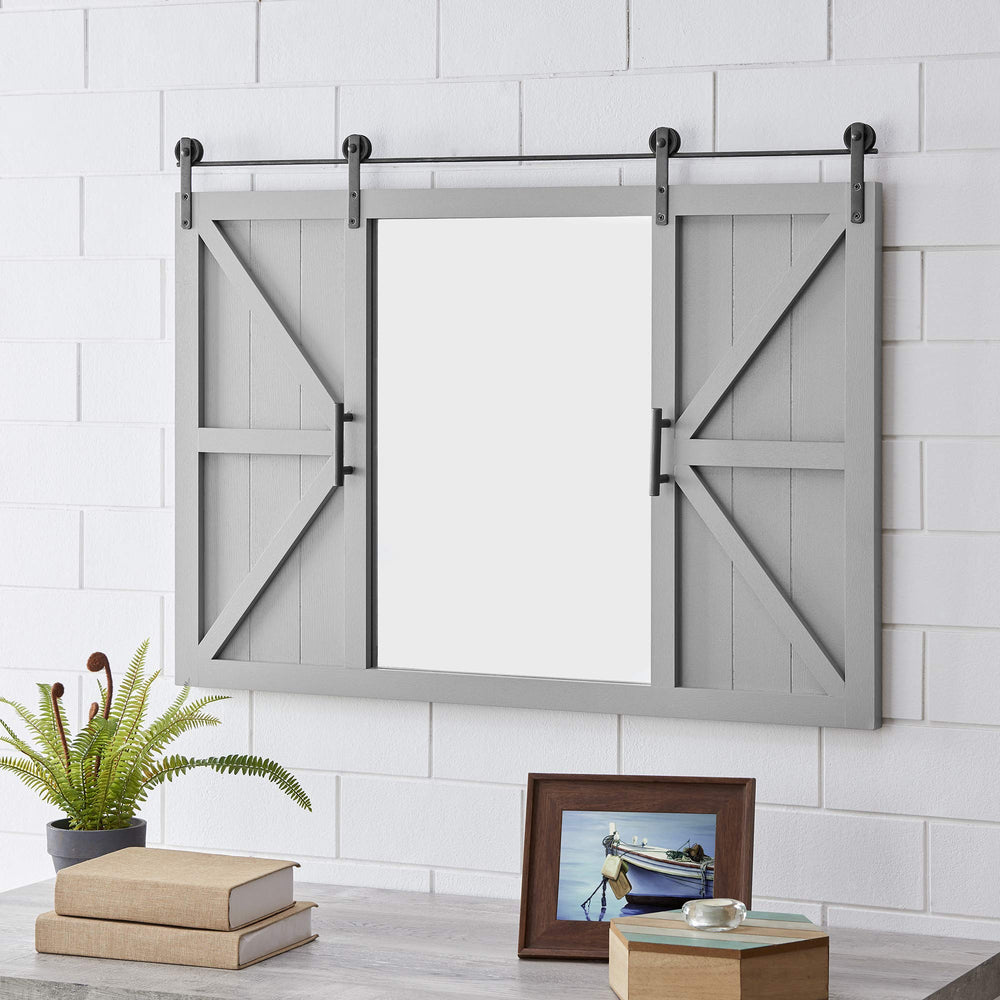 FirsTime & Co. Gray Hayloft Barn Door Wall Mirror Large Vintage Decor for for Grey