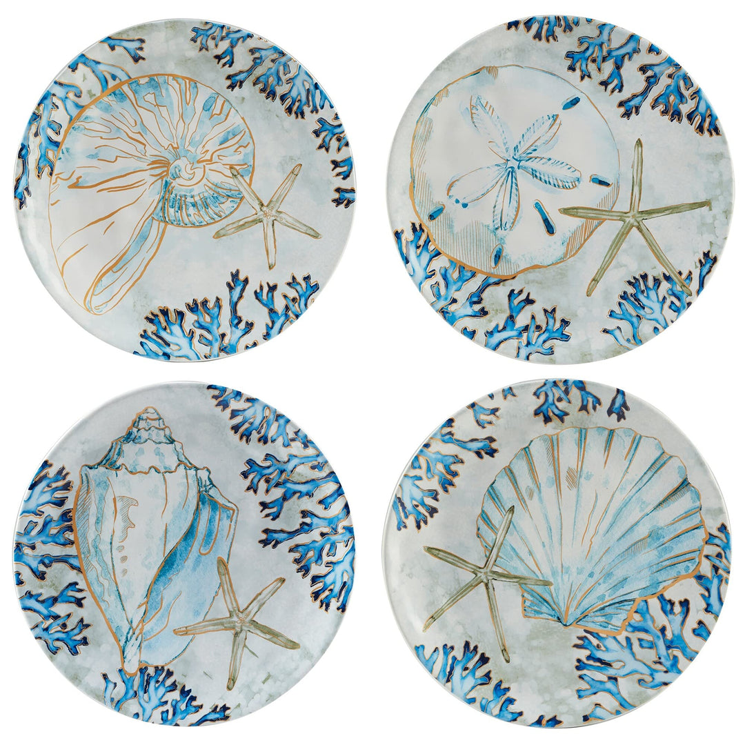 Shells 8.5-inch SaladDessert Plates Set of 4 Blue Gold Grey Coastal Casual