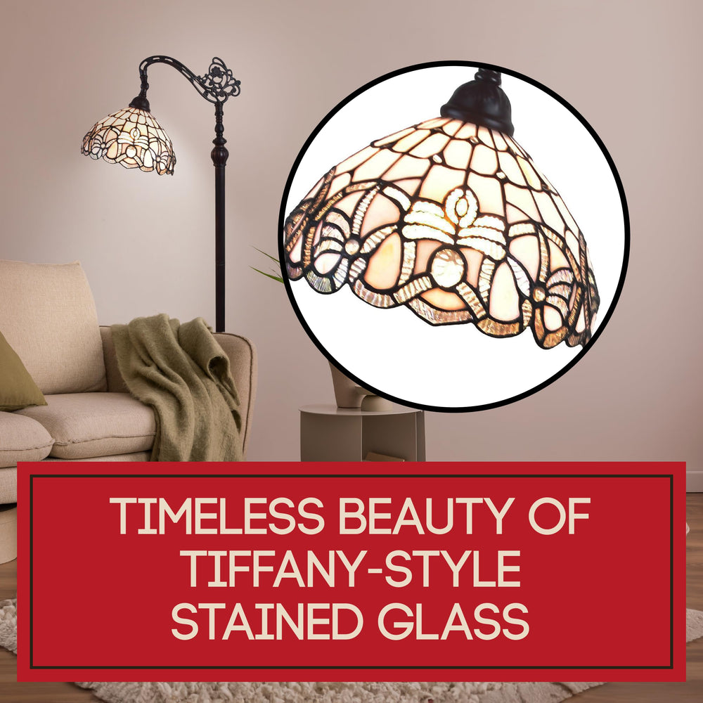 Amora Tiffany Floor Lamp - Arched Stained Glass 62” - Traditional White Mahogany - Diamond Home USA