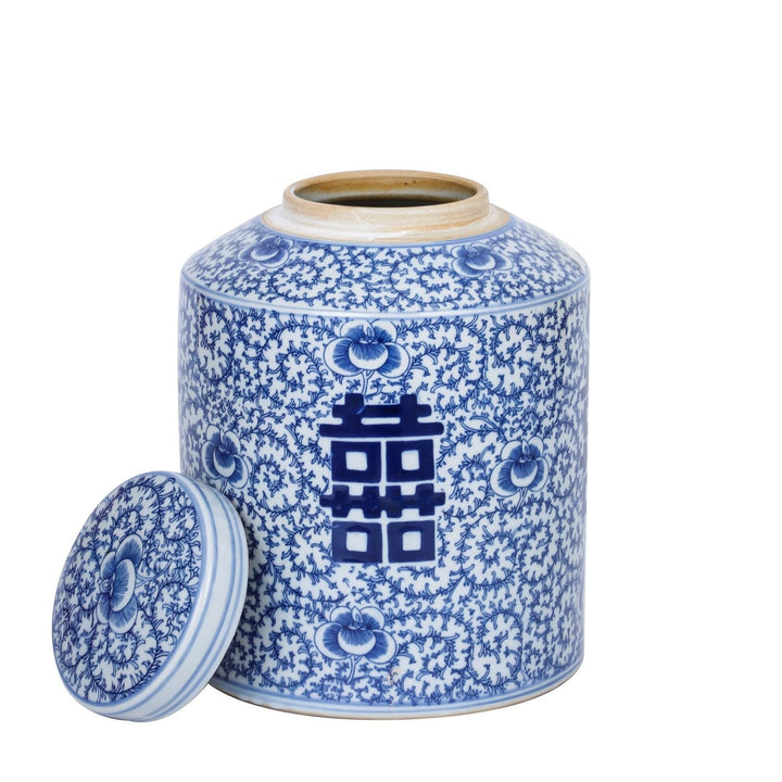 Blue And White Blooming Double Happiness Tea Jar Porcelain