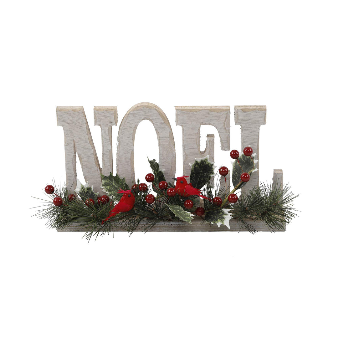 Flora Bunda 12 inch Noel Wood Sign w Cardinal Berries Christmas Home Décor