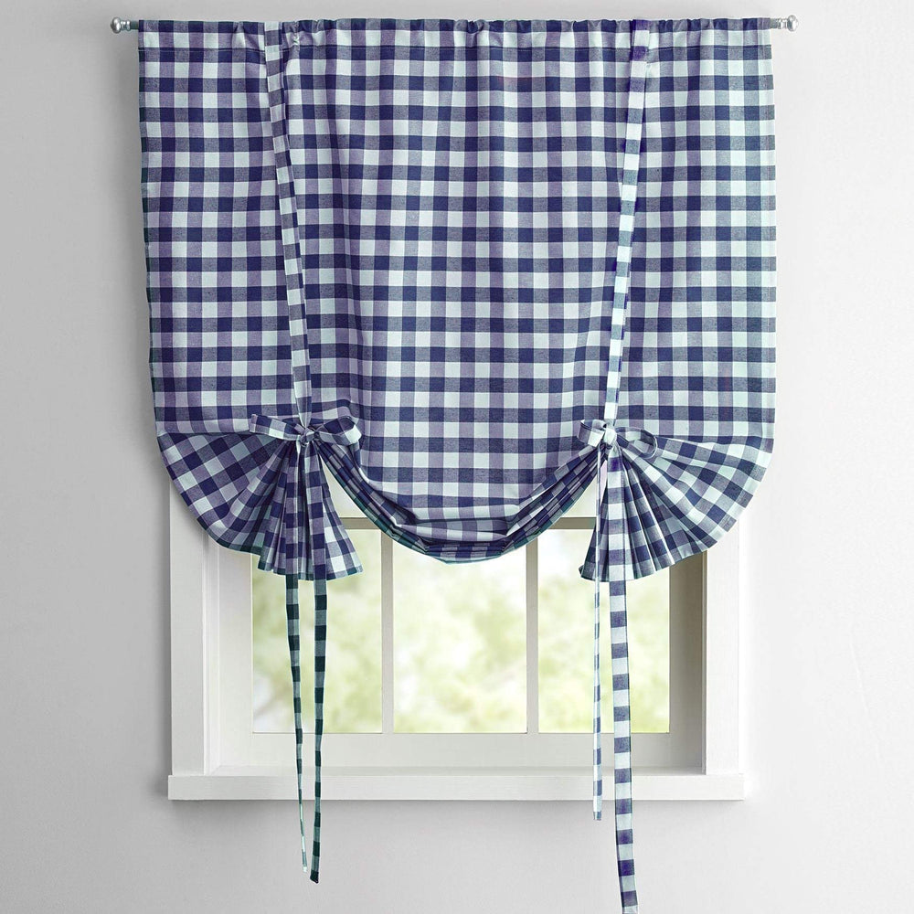 Navy Blue Buffalo Check Tie Up Shades for Kitchen Bathroom Plaid Tie-iup Navy - 63 Inch