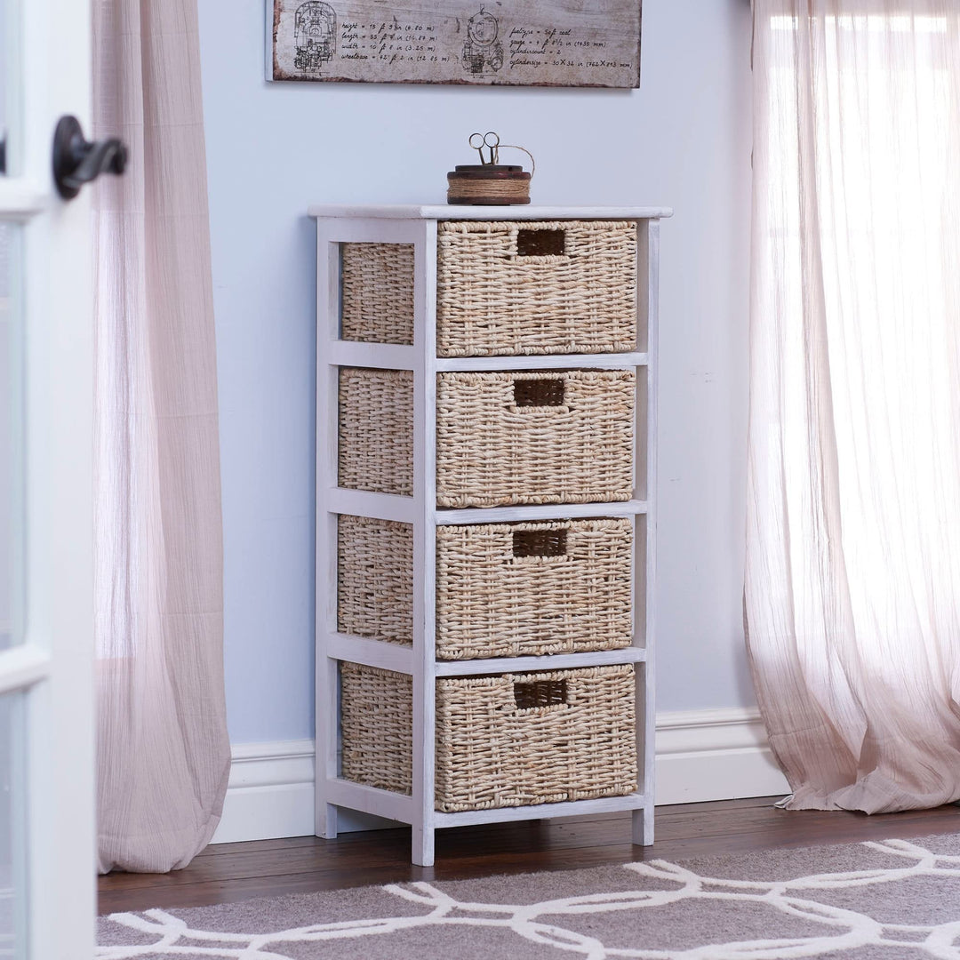 Whitewash 4-Basket Storage Tower Brown Beach Wicker-Rattan Painted