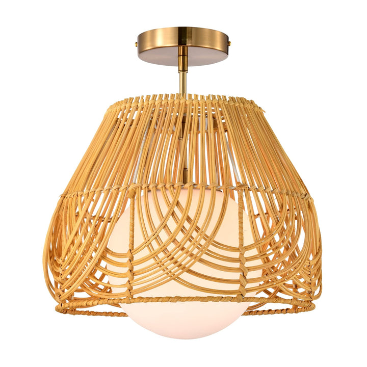 13 Inch Natural Rattan Semi Flush Mount 1-Light Beige Scandinavian Glass Metal - Diamond Home USA