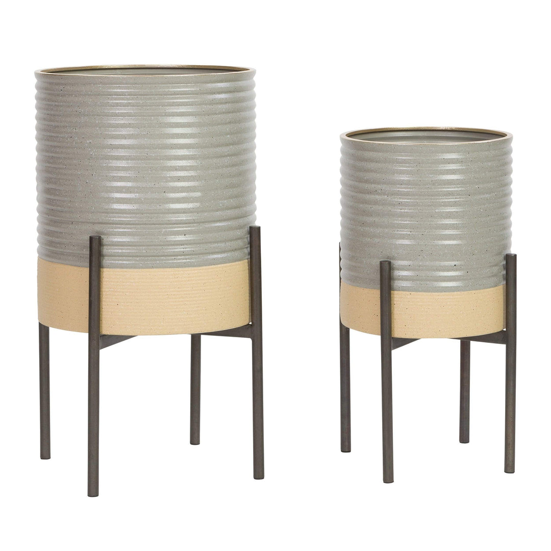 Mason Industrial Modern Planters (Set of 2) Gold Grey Round Metal