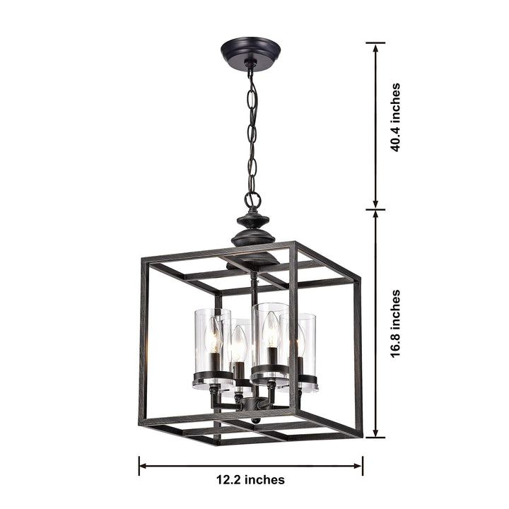 Black 4-Light Lantern Pendant Cage Fixture Geometric Lighting Hanging Square