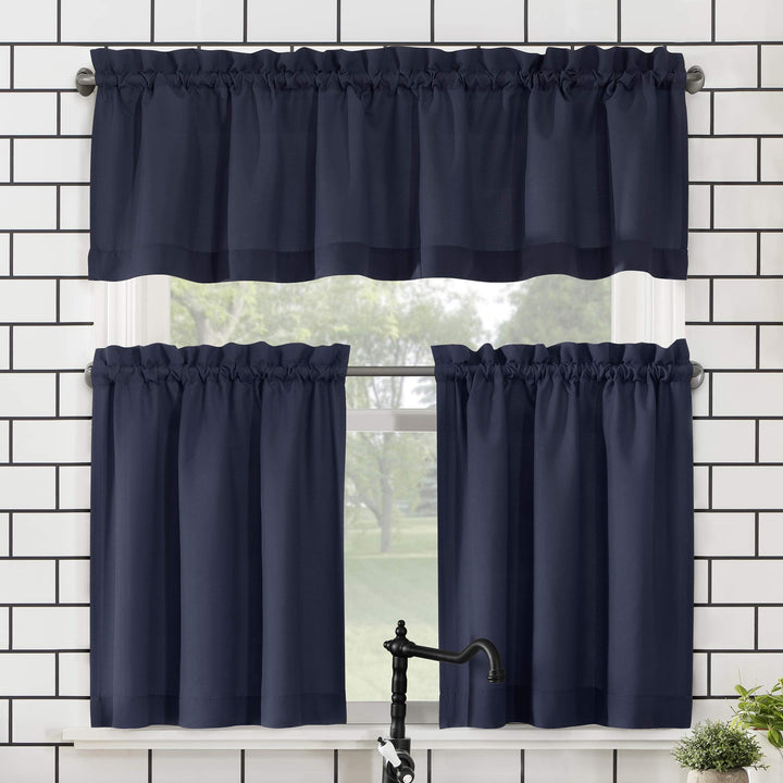 No. 918 Martine Microfiber Semi-Sheer Rod Pocket Kitchen Curtain Valance and 54" x 45" - Navy Blue