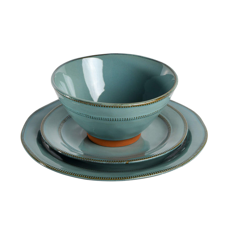 Gibson Elite Terranea Round Reactive Glaze Terra Cotta Dinnerware Set Service Teal