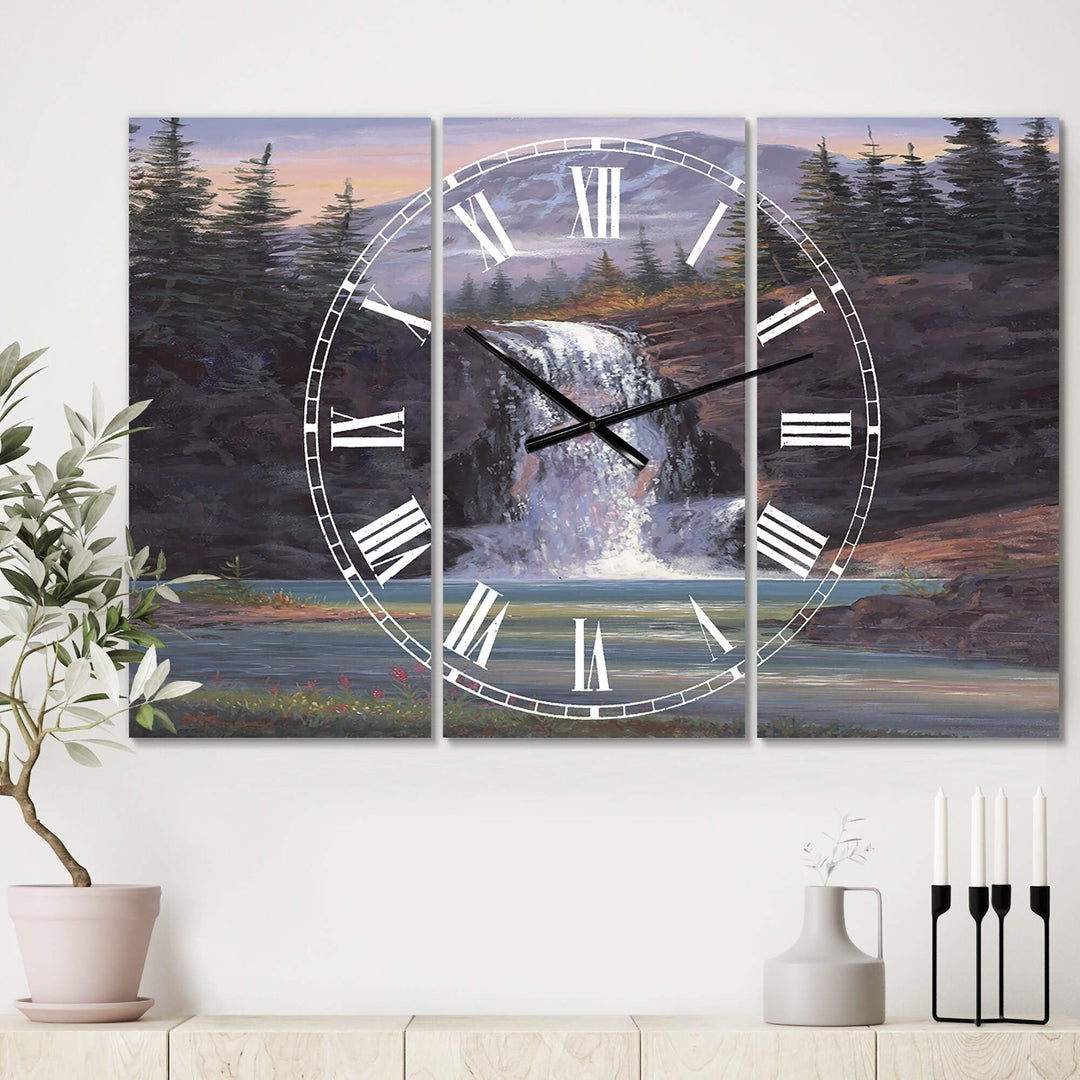 Waterfall Mountain Afternoon' Large Traditional Wall Clock 3 Panels 36 in.