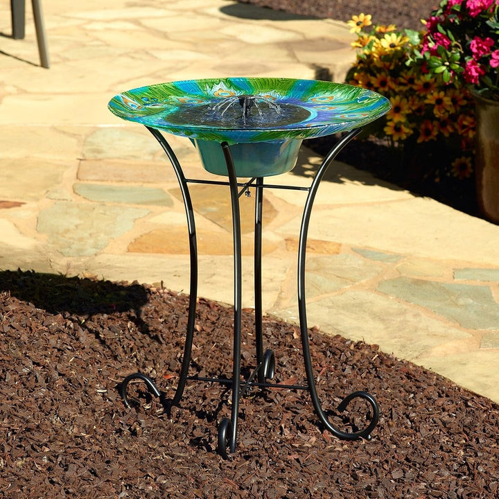 Peacock Glass Solar Birdbath Multi Color