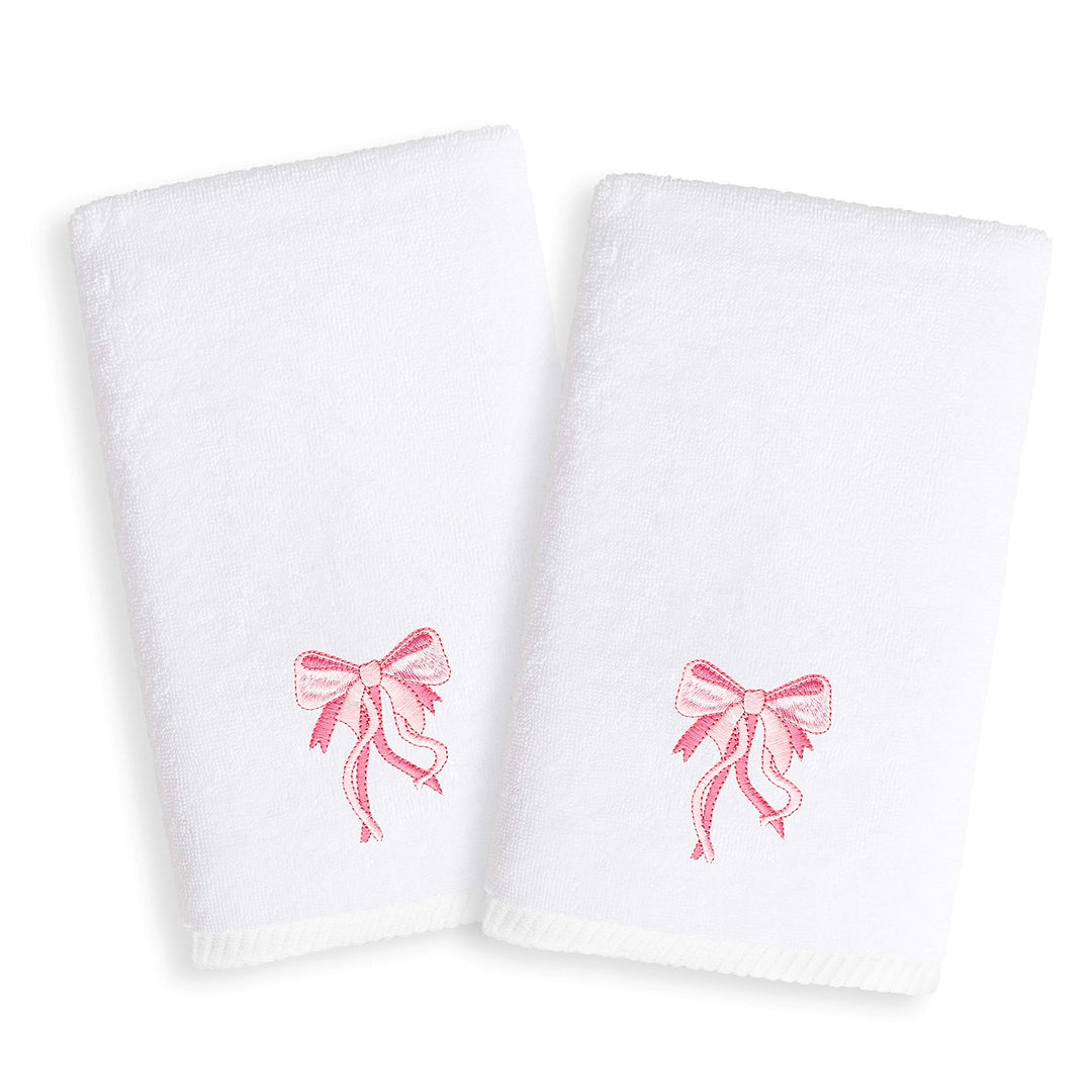 Kids Pink Bow Embroidered White Turkish Cotton Hand Towels (Set of 2) Novelty