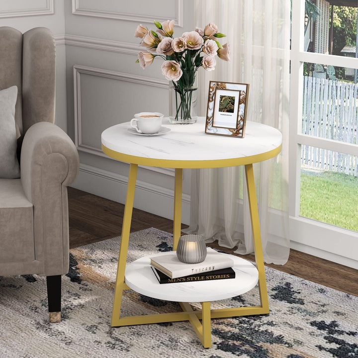 Modern Gold End Table Round Marble Side Nightstand Bedside Small offee Accent