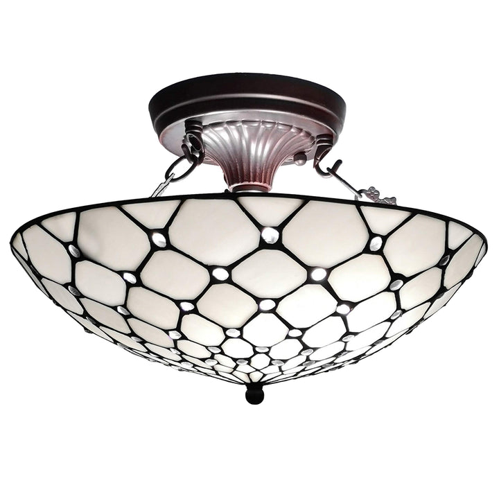 Tiffany Style Ceiling Fixture Lamp Jeweled 16" Wide 2 Light Stained Glass