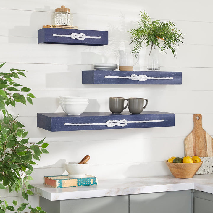 Blue Wood Contemporary Wall Shelf (Set of 3) 32 X 10 3 Modern Natural Finish