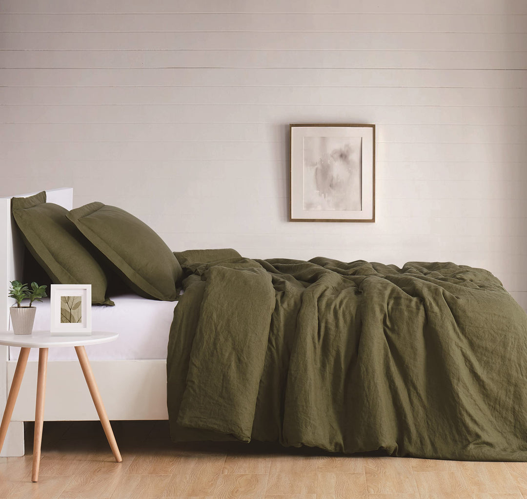 Brooklyn Loom Flax Linen Olive Green Full/Queen 3-Piece Duvet Set Green - Full - Queen