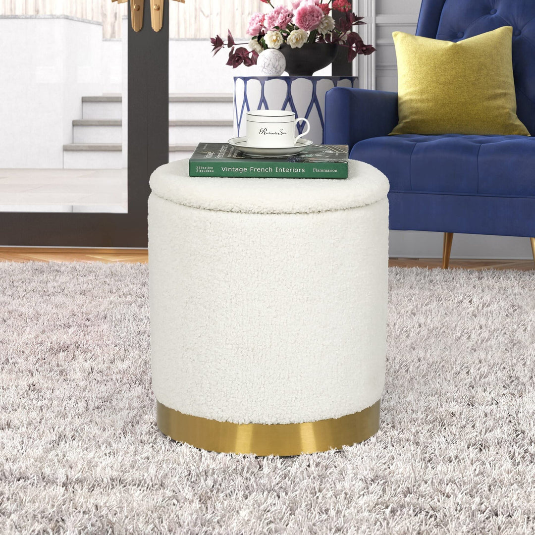 Velvet Round Storage Stool Gold Plating Base Ottoman White Solid asual Modern