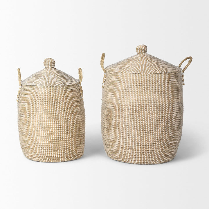 Set of 2 Seagrass Floor Baskets W/Lids and dles 20.9l X 20.9w 29.9h Beige