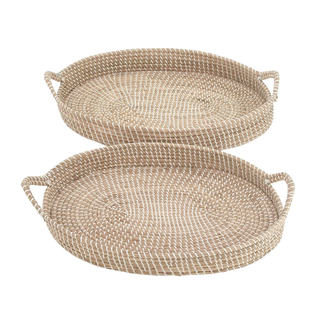 2-Piece Round Seagrass Tray Set Brown Bohemian Eclectic Natural Fiber - Diamond Home USA