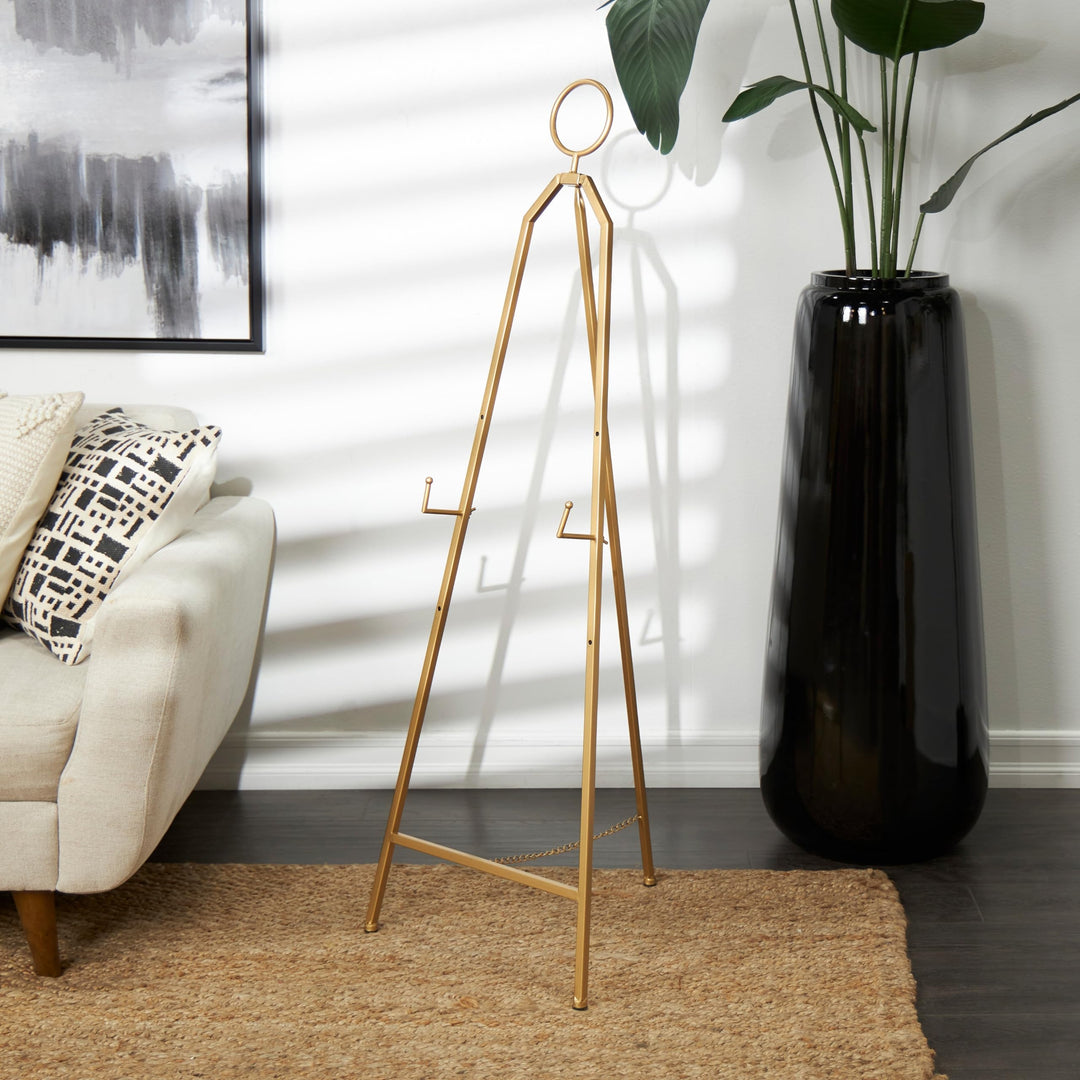 Gold Metal Tall Adjustable Minimalistic Easel with Circular Ring Top Glam Iron