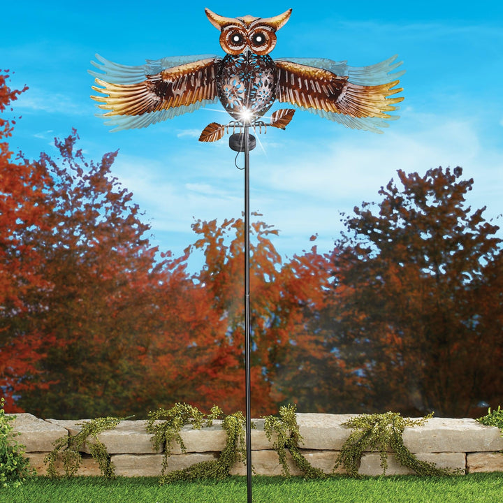 Solar Powered Metal Flying Owl Garden Stake 26.25 X 47.63 4.5 Black