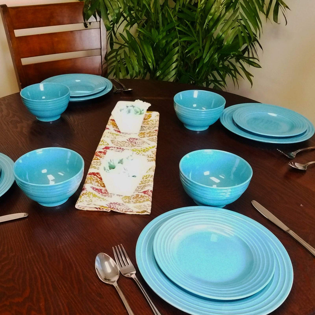 Banded Gloss 12 Piece Stoneware Dinnerware Set in Turquoise Blue Casual Round - Diamond Home USA