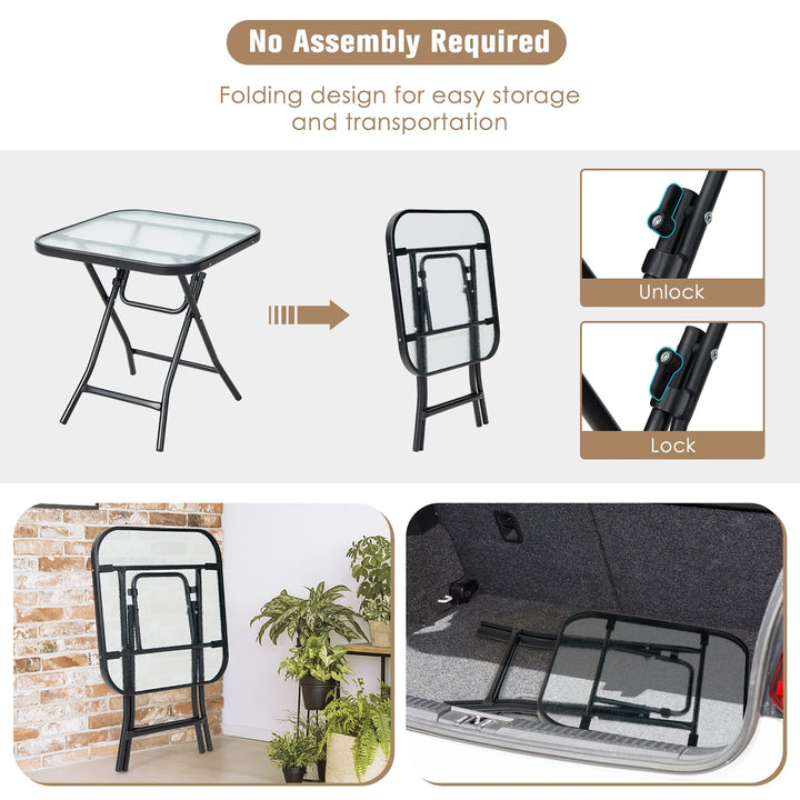 Patio Folding Square Glass Side Table Bistro Coffee Plant Stand Black Steel