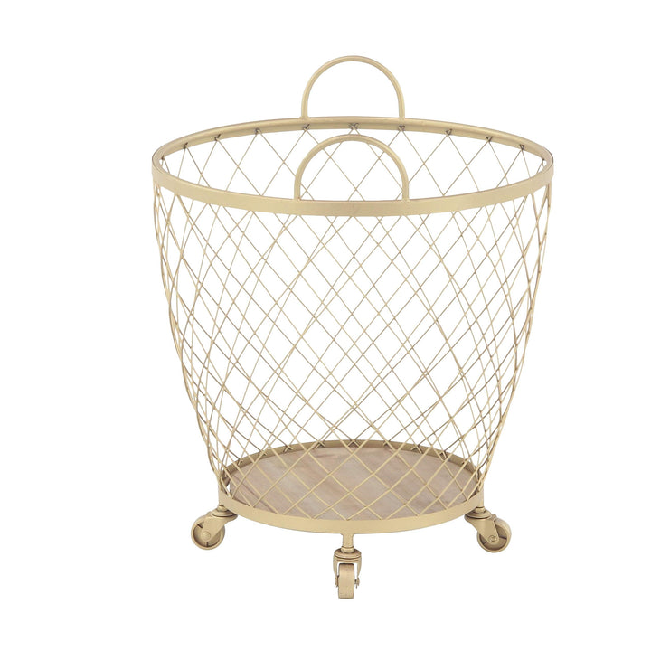 Set of 2 Modern Diamond-Weave Round Iron Baskets with Wheels Gold