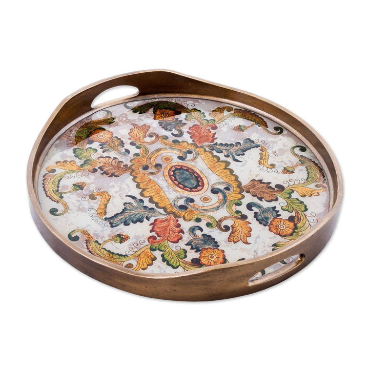 Handmade Reverse Painted Glass Tray Floral Heaven (Peru) Brown Multi Color